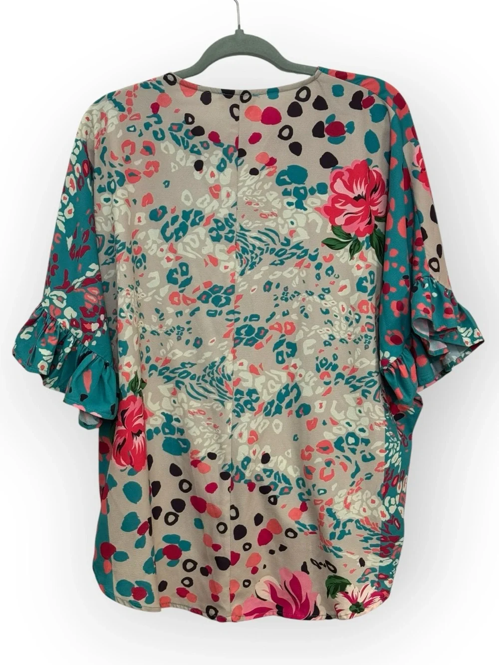 Umgee Teal Floral Surplice Blouse with Pink Accents *2235 - Picture 3 of 3